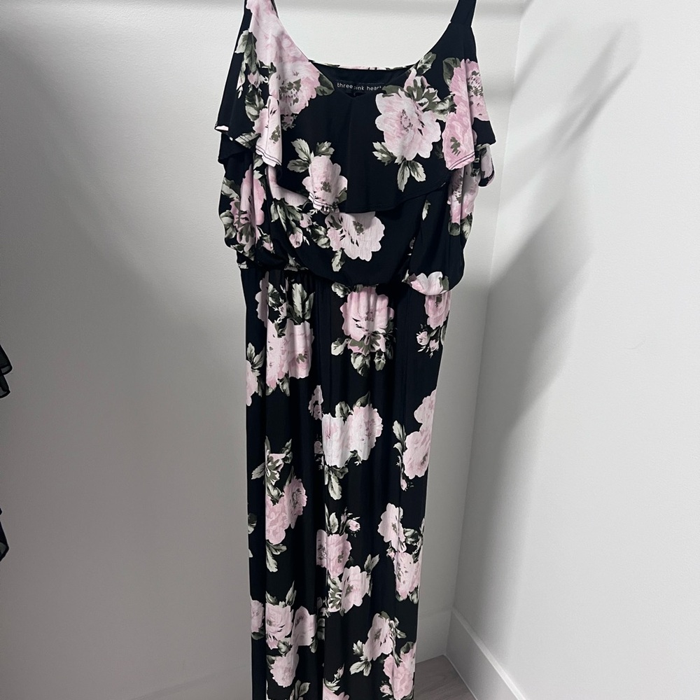 Three Hearts Black and Pink Floral Maxi Dress